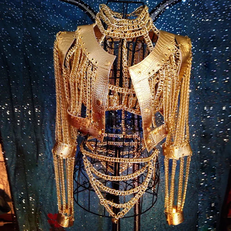 Women Sexy Gold Chains Costume Outfit Stage Performance bar Nightclub show Bra Short coat Festival rave wear | Тематическая одежда