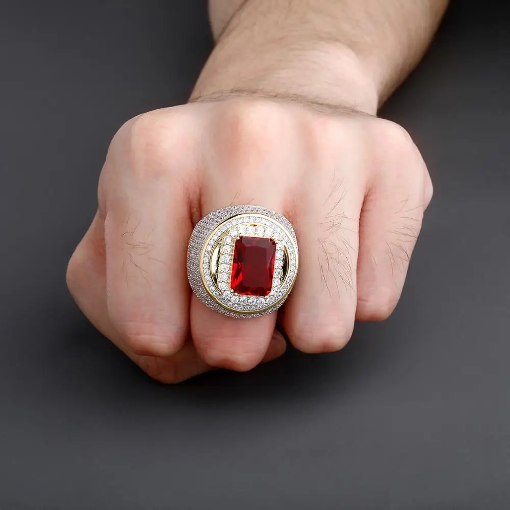 TOPGRILLZ Hip-Hop Classic Gold Color Plated Cubic Zircon Big Red Stone Ring Personality Fashion Men Women Jewelry Lover Gift | Украшения и