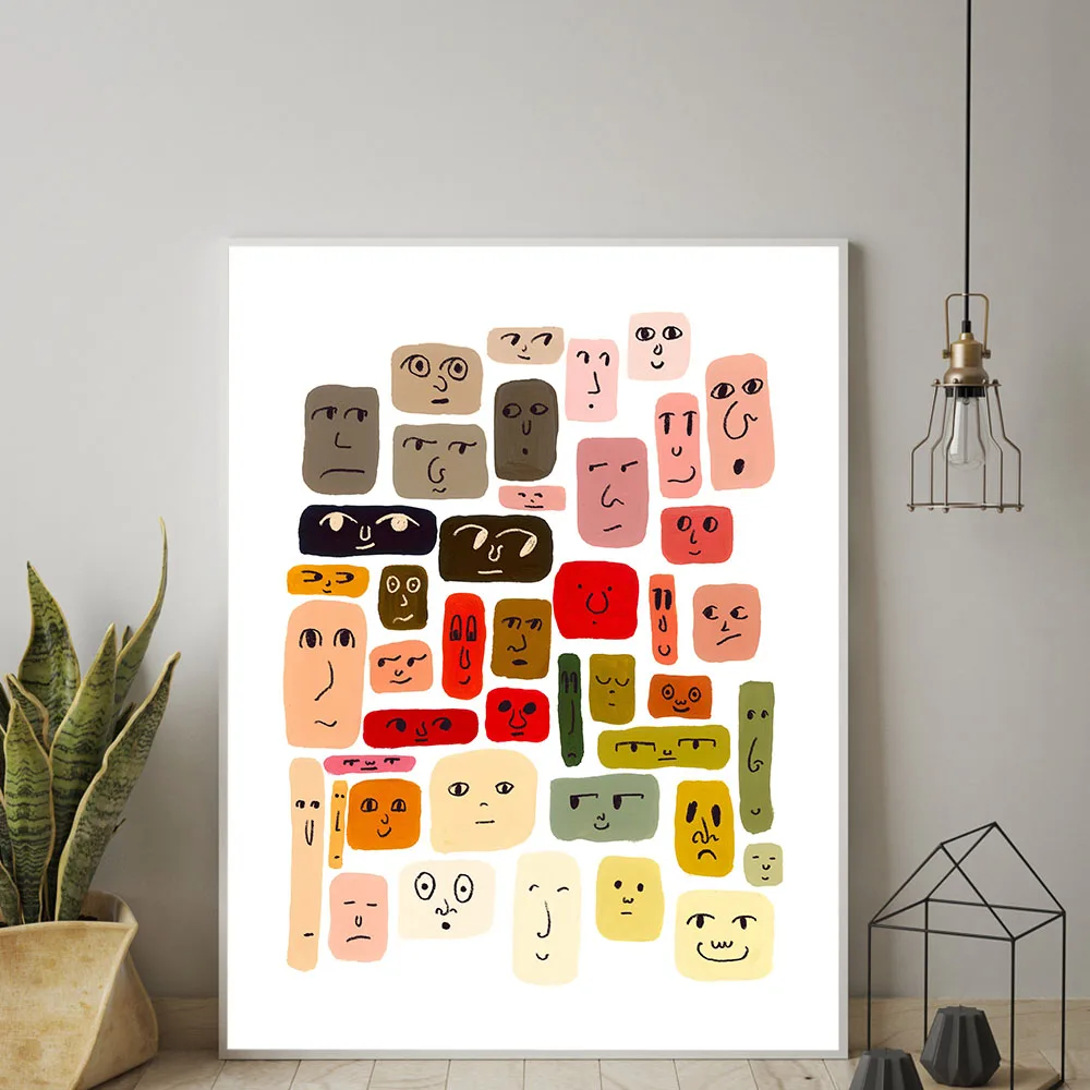 

Mid Century Modern Colorful Art Print Canvas PaintingBohemian Abstract Faces Color Swatches Aesthetic Wall Pictures Room Decor