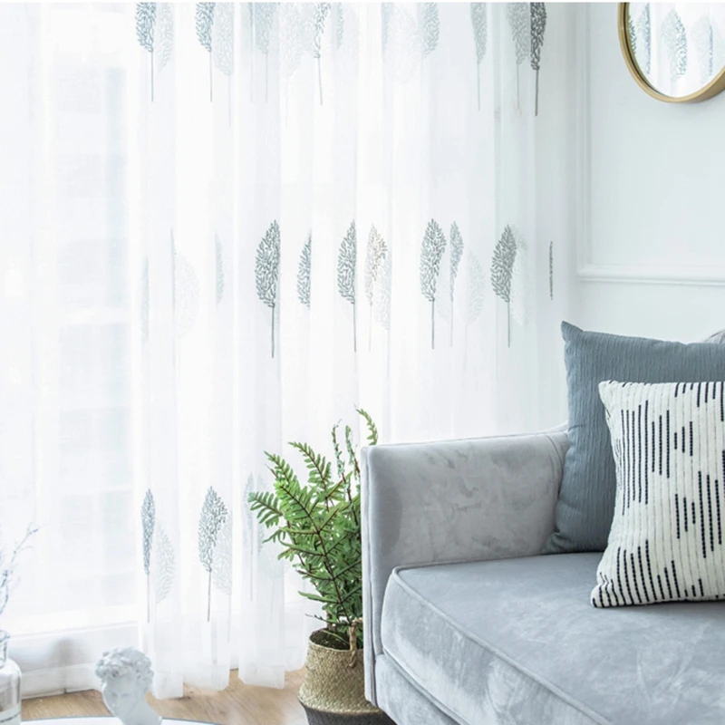 Скандинавский фатин WP308D3 с вышивкой в виде двух листьев стена из чистого хлопка и