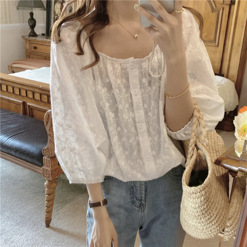

HziriP 2021 Autumn Slash Neck Solid Lantern Sleeve Shirt Button Embroidery Three Quarter Shirt Gentle Korean Fashion Elegant