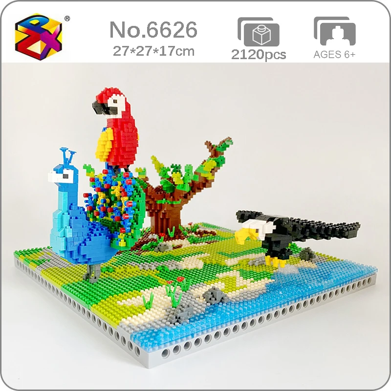 

PZX 6626 животный мир попугай Орел Павлин птица дерево река модель DIY Мини Алмазные блоки кирпичи строительные игрушки для детей без коробки