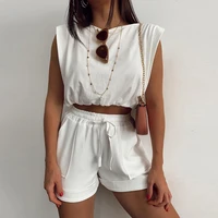 2021 womens outfits casual streetwear 2 two piece sets summer sleeveless crop top drawstring biker shorts set bodycon tracksuit