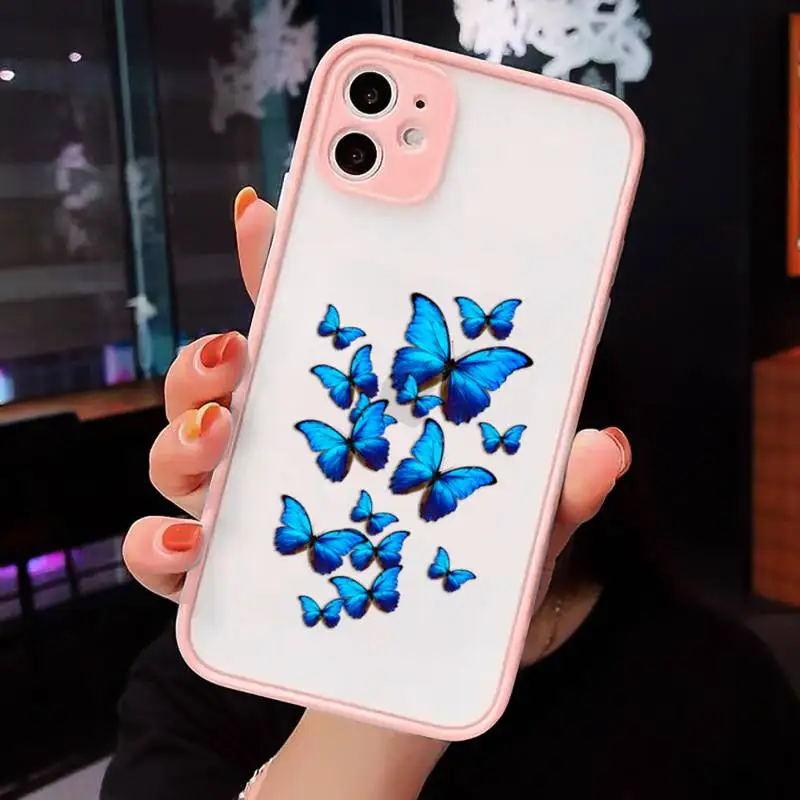 

Blue Butterfly Phone Case For iPhone 12 11 Mini Pro XR XS Max 7 8 Plus X Matte transparent Pink Back Cover