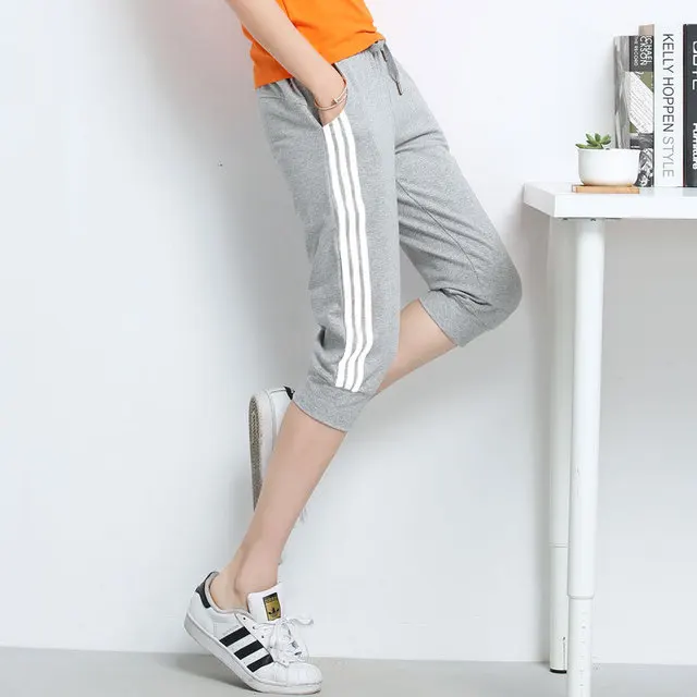 

Joggers Women Sweatpants Hot Summer Capris Pants Side Stripe Elastic Drawstring High Waist Casual Calf Length Trousers Plus Size