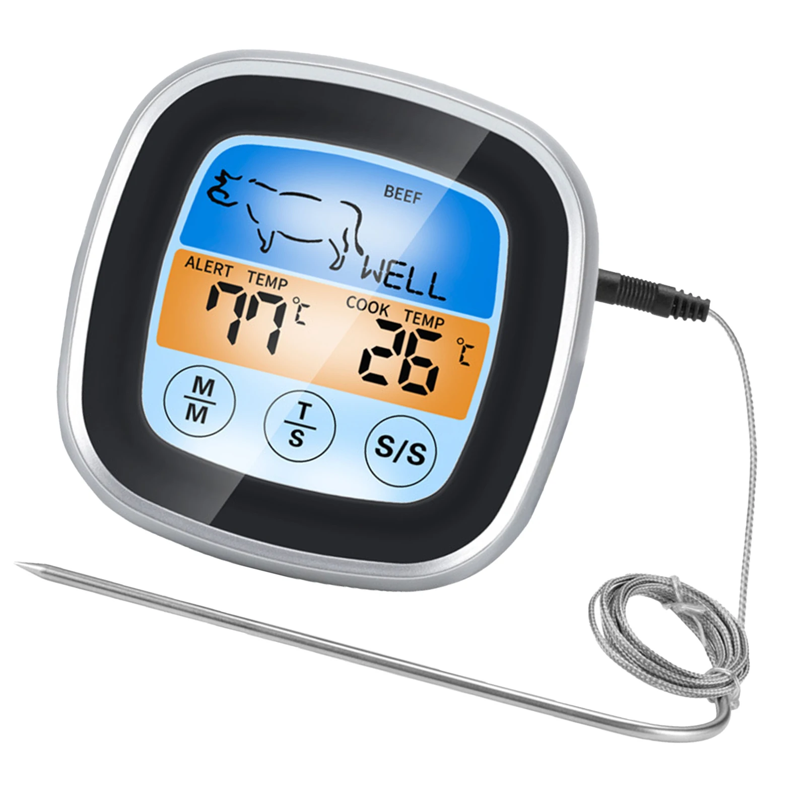 

Kitchen Thermometer With Timer Functions Stainless Steel Probe Digital Food Thermometer for Outdoor BBQ Grill