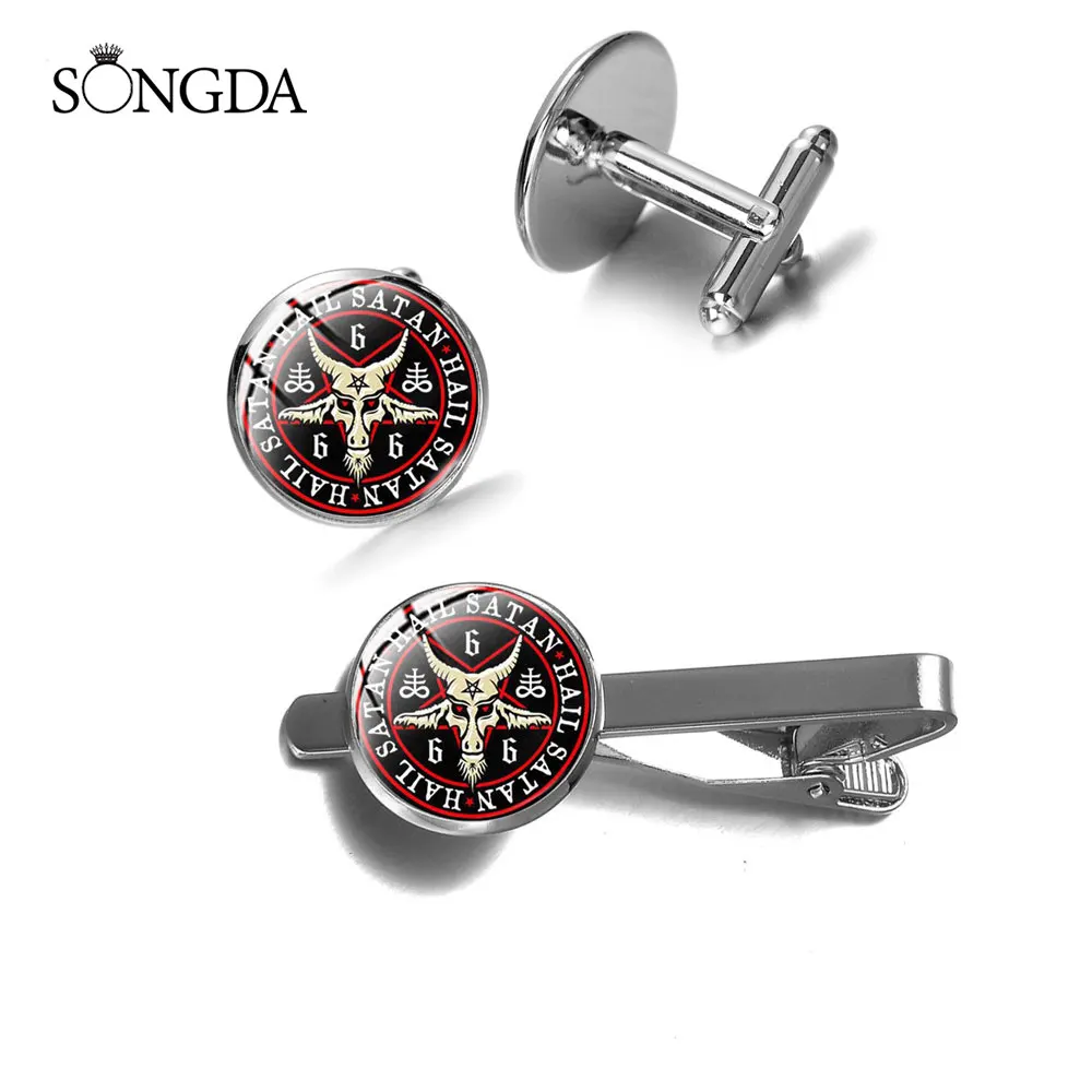 Винтаж сатанизма красный козьей шерсти запонки в форме головы и зажим для