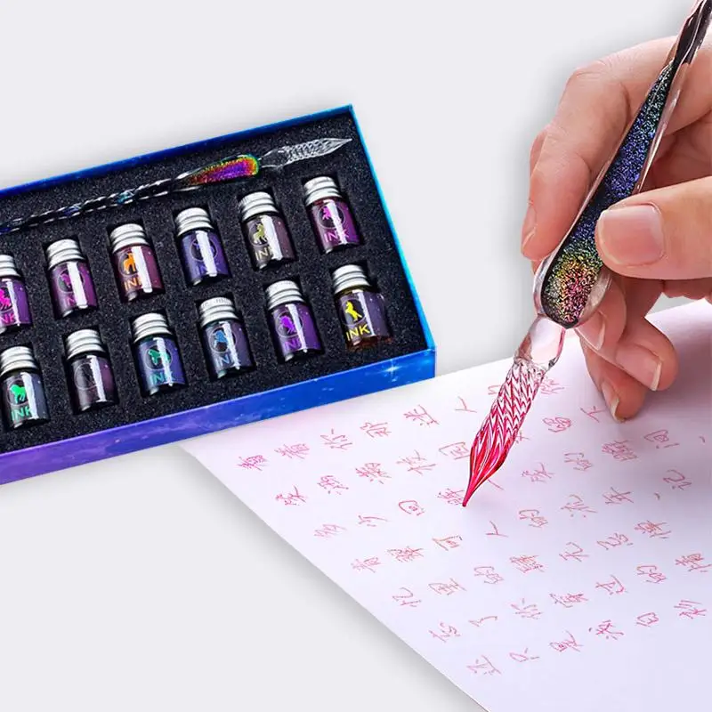 

7/13 Pcs Crystal Glass Pen Glitter Powder Fountain Pen 12 Colors Ink Dip Pen Starry Sky Gift Box Set Writing Supplies Pens