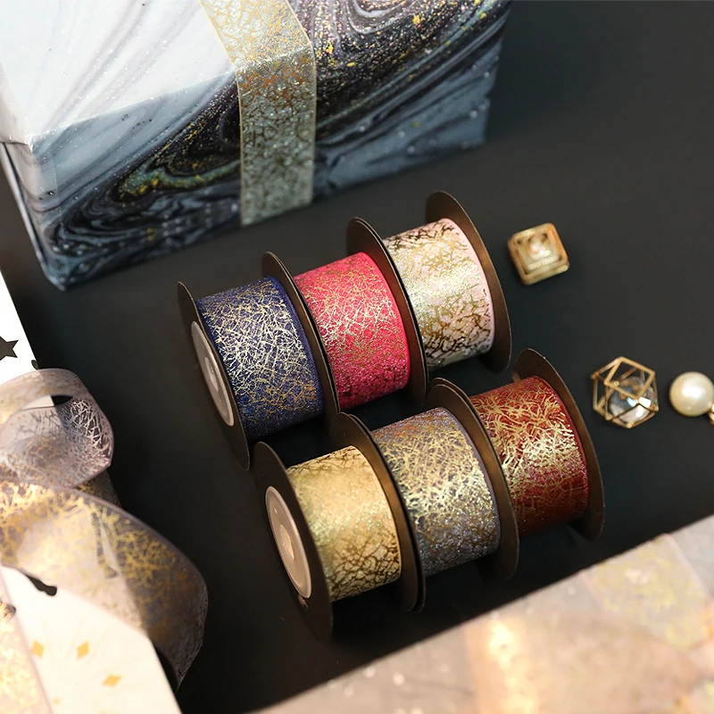 10 ярдов 25 мм органза золотой штамп Лента шифон Снежная пряжа Подарочная Упаковка