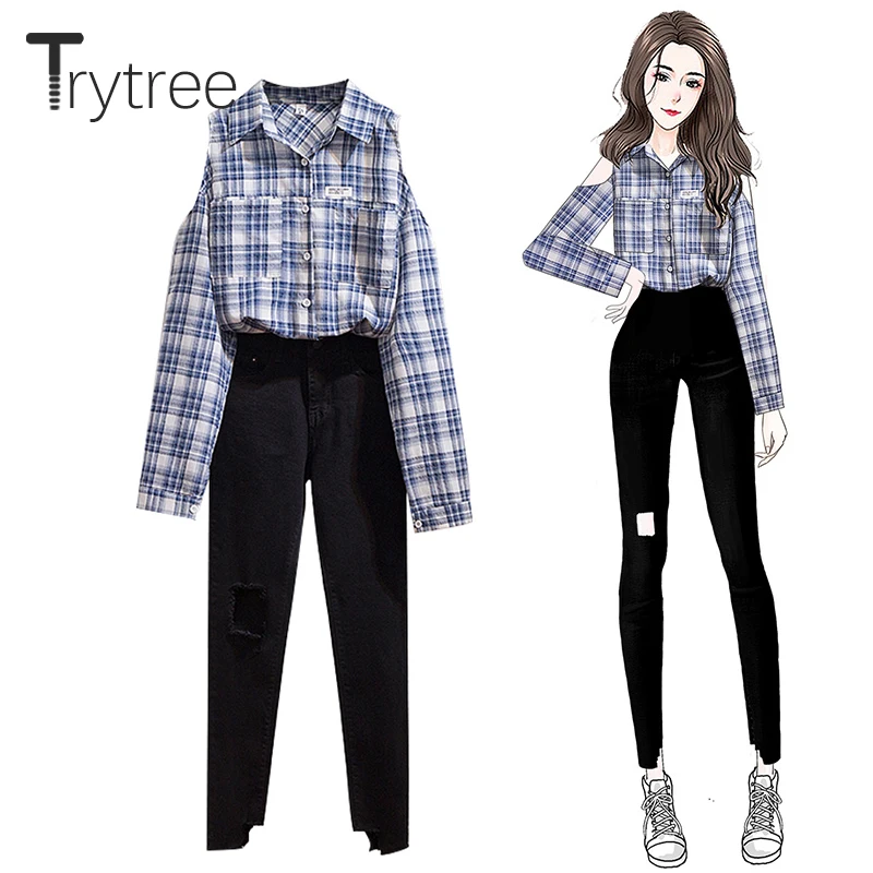 

Комплект из двух предметов Trytree AW Женский Повседневный, клетчатая блузка с рукавами с вырезами и джинсовые пуговицы, Модный комплект из 2 пре...