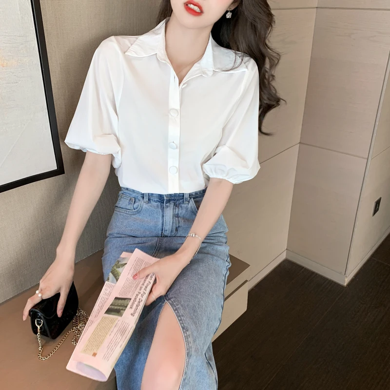 

Summer Women Shirt Solid Button Up Blouses for Women White Short Puff Sleeve Women's Clothing 2021 White Polo Neck Fashion Shirt