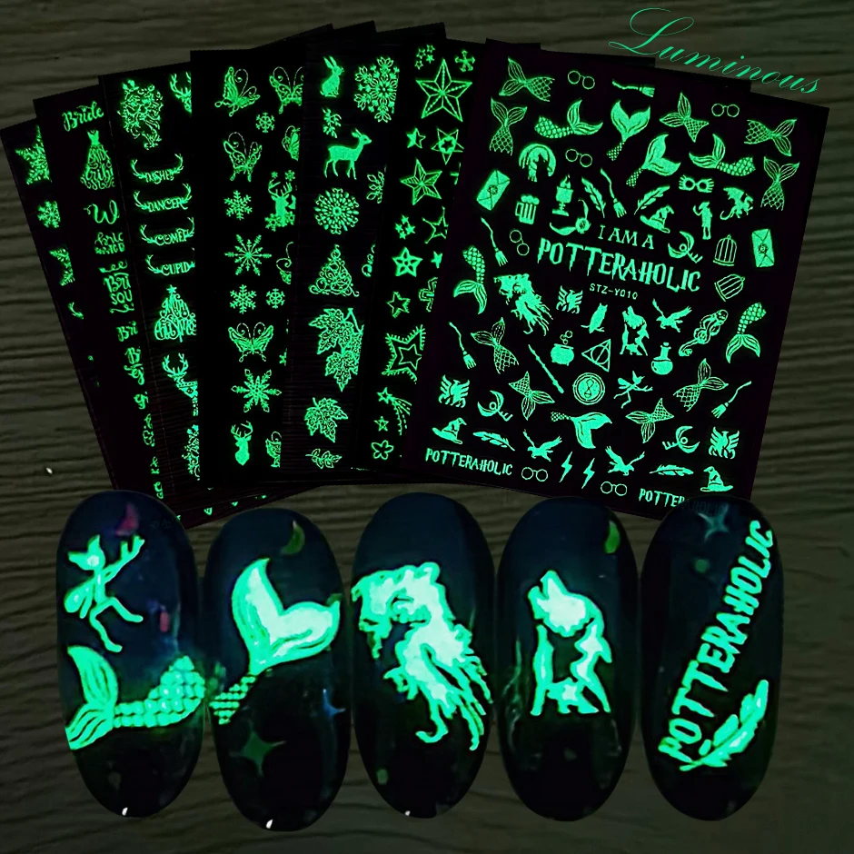 

3D Mermaid Snowflakes Winter Sticker Glow in the dark Luminous Sliders Nail Art Decoration Christmas Accessories GLSTZY001-018