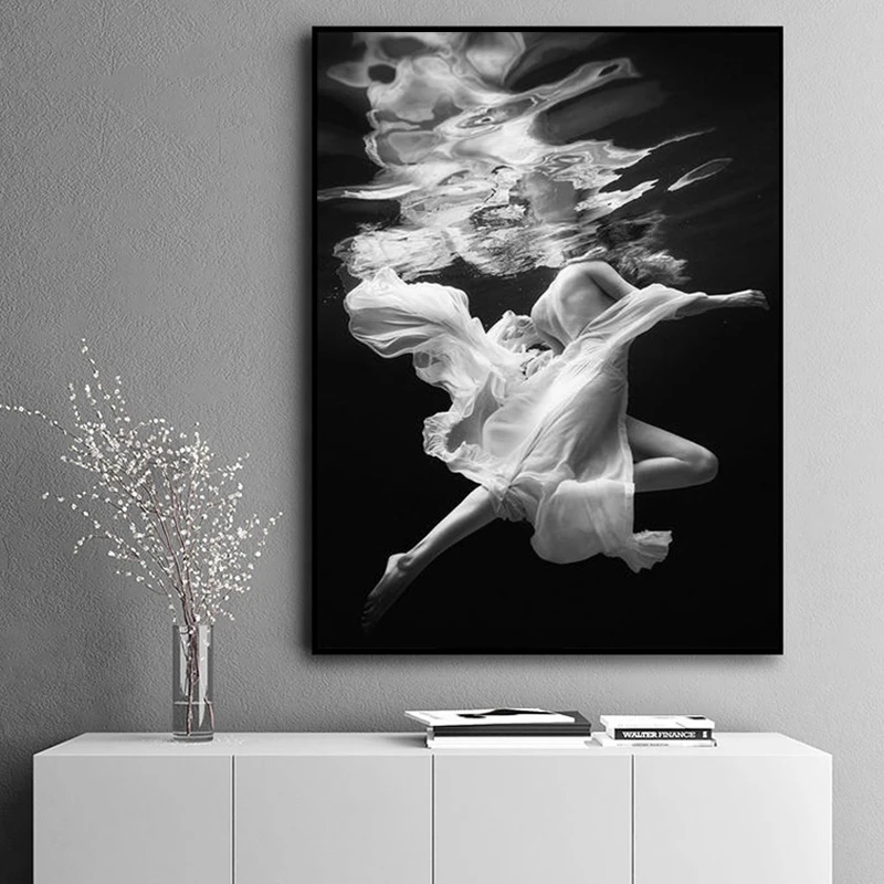 Современный модный настенный плакат черный белый подводный женский Принт