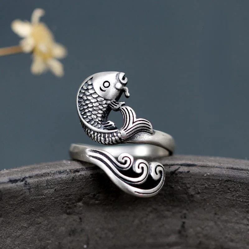 

Simple silver as a fish in water rings for women retro distressed small koi open ring exaggerated personality antique jewelry