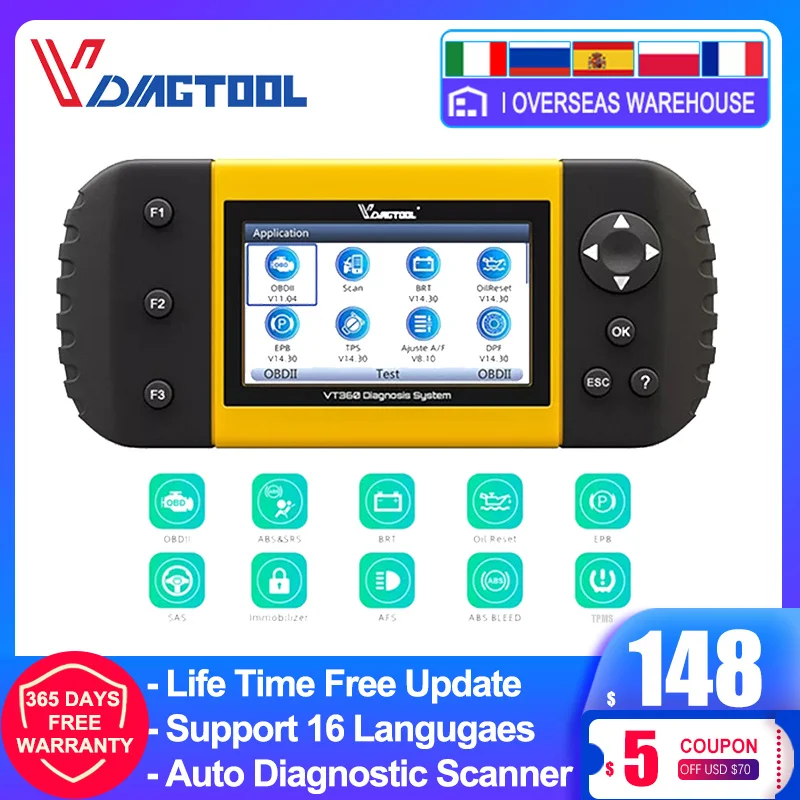 

VDIAGTOOL VT360 автомобильный OBD2 сканер ABS/Oil/TPMS/TPS Immo автомобильные все системы диагностические инструменты Поддержка различных языков PK NT650