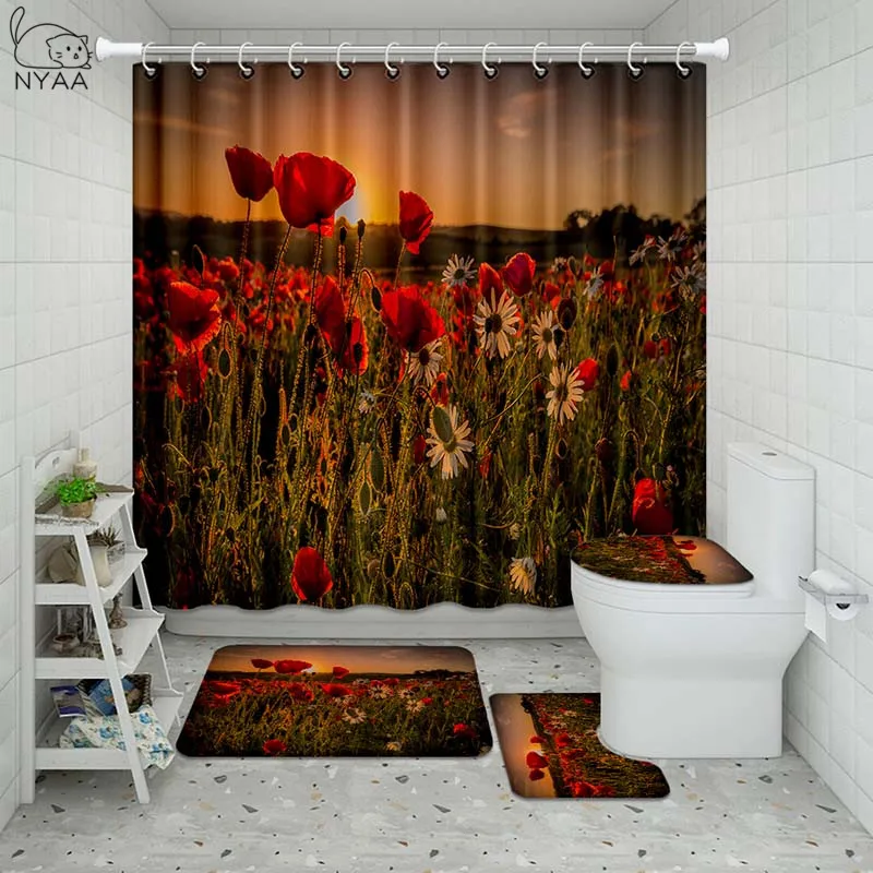 Vixm водонепроницаемые занавески для ванной комнаты с красными цветами мака набор