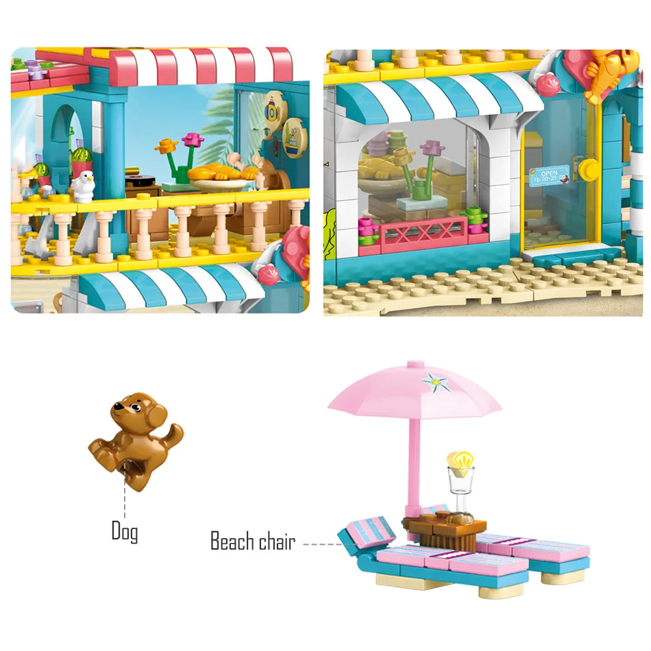 

490pcs Seaside Seafood Restaurant Building Blocks Friends Holiday Gathering Dining Hall Model Bricks Educational Toys For Girls