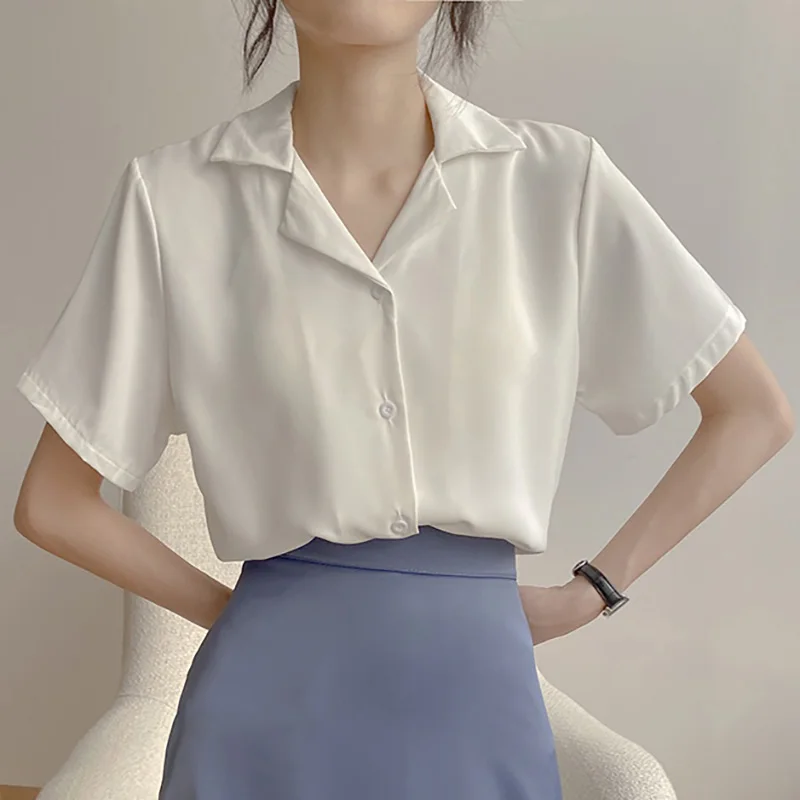 Блузка женская с коротким рукавом модная повседневная офисная белая рубашка