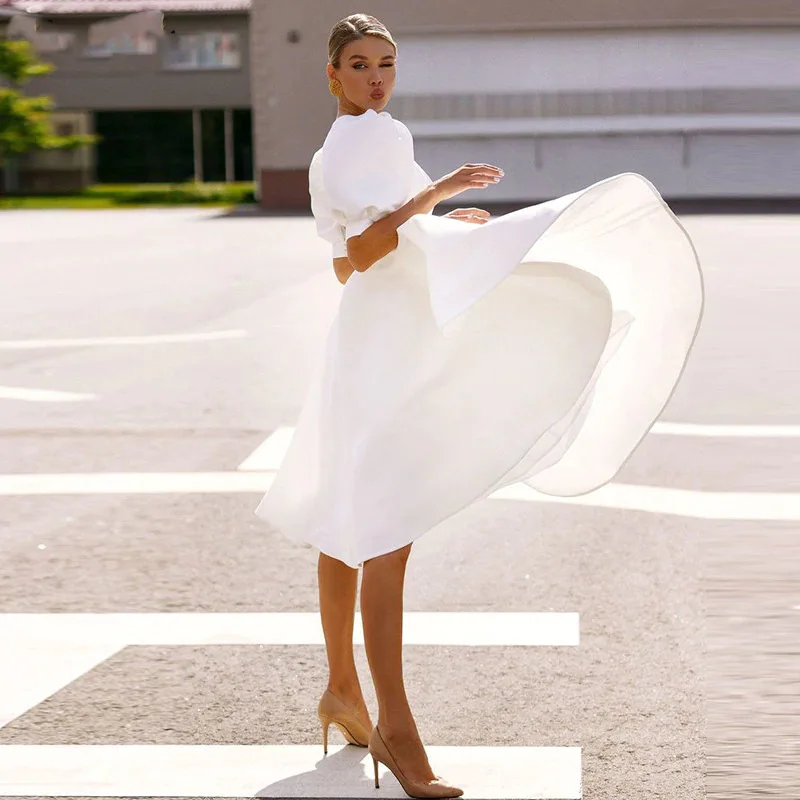 

Elegant Spring White Women's Dress Vintage High Waist Puff Long Sleeve Female Dresses 2021 Spring Fashion Office Ladies Vestidos