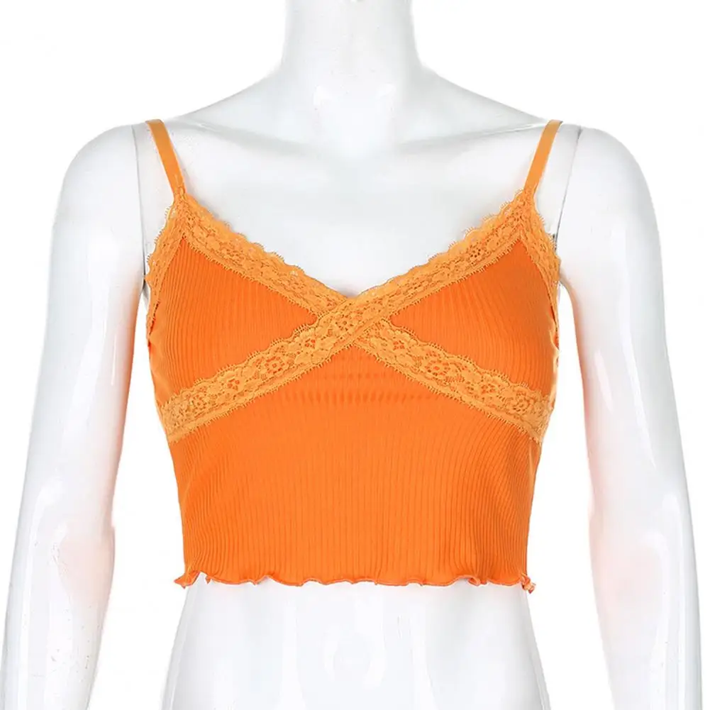 

Short Women Sexy Vest Sleeveless Lace Trim Spaghetti Straps Bustier Crop Top y2k knit Camisole Vest Cotton