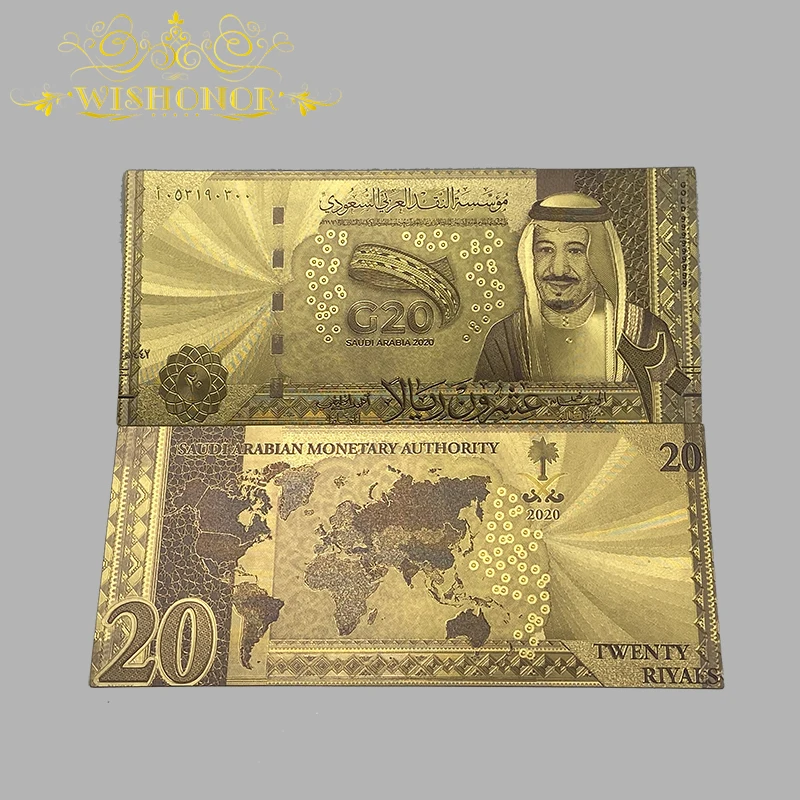 

10pcs/lot New G20 Saudi Arabia 2020 Banknote 20 Riyal Banknote in 24K Gold Plated Bills For Home Decor And Collection