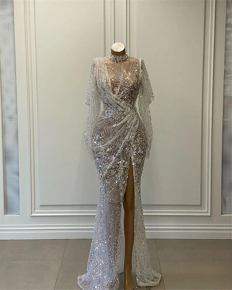 

Shining White Mermaid Prom Dresses 2021 Elegant Long Sleeve Formal Party Gowns For Woman Night Wear High Split Abendkleider