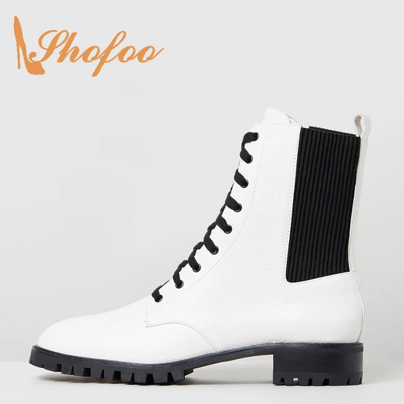 Shofoo/белые черные разноцветные ботинки на среднем каблуке с острым носком женские