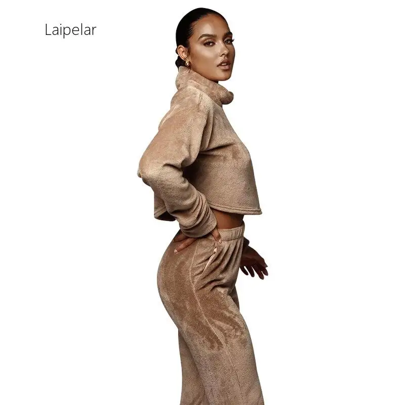 

New Autumn Winter Women Tracksuit Turtleneck Solid Crop Top Long Pants Casual Two-piece Set Sweatsuit Outfits