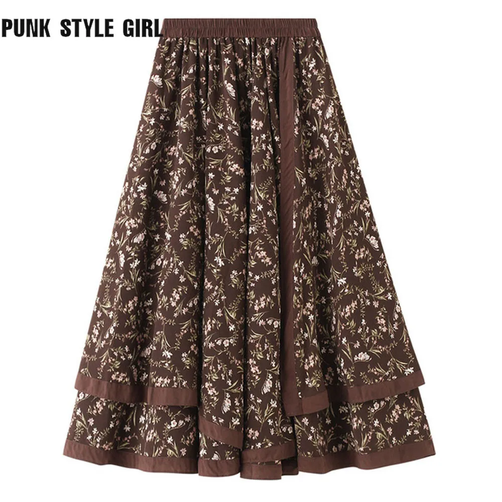 

Elegant Vintage Irregular Satin Midi Skirt 3D Flower Print Pattern Women Floral High Waist OL Retro Mid-calf Skirts