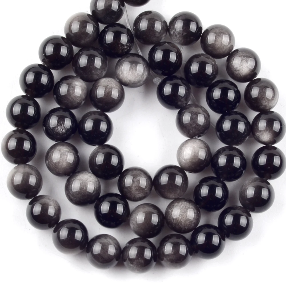 

4 6 8 10 12mm Natural Silver Obsidian Stone Round Loose Spacer Beads For Jewelry Making DIY Bracelet