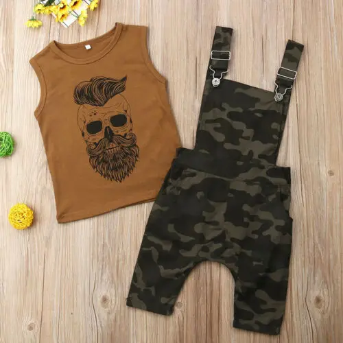 Toddler Baby Bibs Girl Boys Printing Clothes Vest Top T-Shirt+Camouflage Overalls Cotton Outfit Children Summer Clothing Set | Детская
