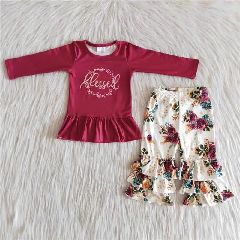 

Ready to ship maroon blessed shirt match floral pants toddler boutique outfits bulk kids clothing girls