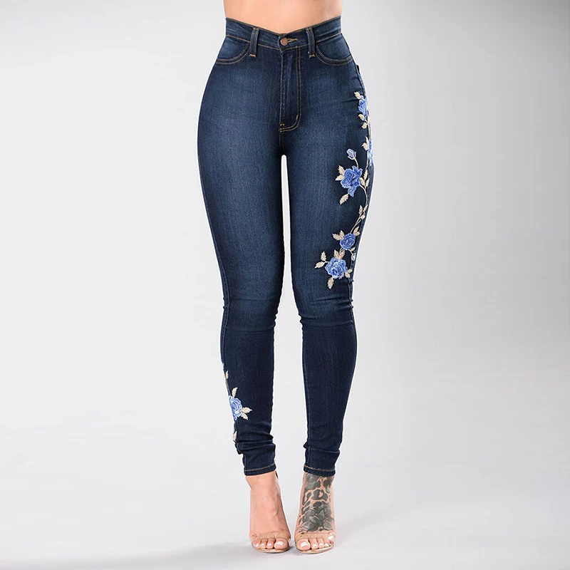

Stretch Embroidered Jeans For Women Elastic Blue Flower Jeans Female Pencil Denim Pants Rose Pattern Pantalon Femme