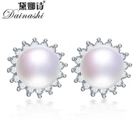 dainashi fashion trendy 925 sterling silver flower zircon earrings 100 genuine natural freshwater pearl stud earrings for women