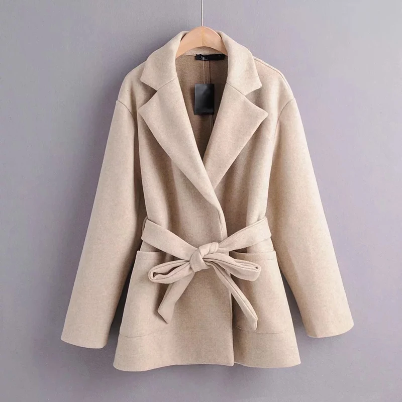 Autumn Winter With Belt Vintage Woolen Coats Women Solid Pockets Wool Outwear Office Ladies Jacket Coat Female Casaco Feminino | Женская