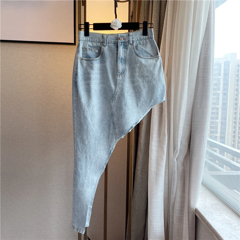 

Harajuku Jean Skirt for Women New Irregular High Waist Slim Hip Denim Skirts Female Ladies Light Blue Jeans Skirts Jupe Mujer