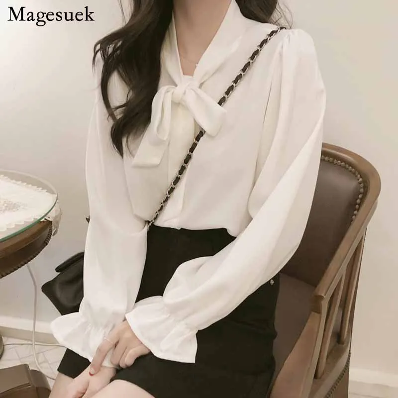 

V-neck Sweet Elegant Bow Flare Sleeve Office Ladies Autumn Fashion Clothes Korean Style Women Blouses Chiffon White Shirts 11273