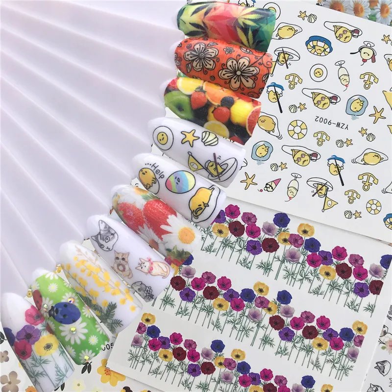10 шт./лот Мультяшные наклейки для ногтей натуральные растения рыба Кот Печать