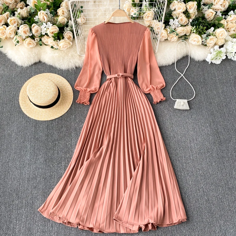 

Vintage Women Pleated Long Dress Female Elegant Lantern Long Sleeve High Waist Red Dresses Draped Maxi Vestidos 2022 Spring New