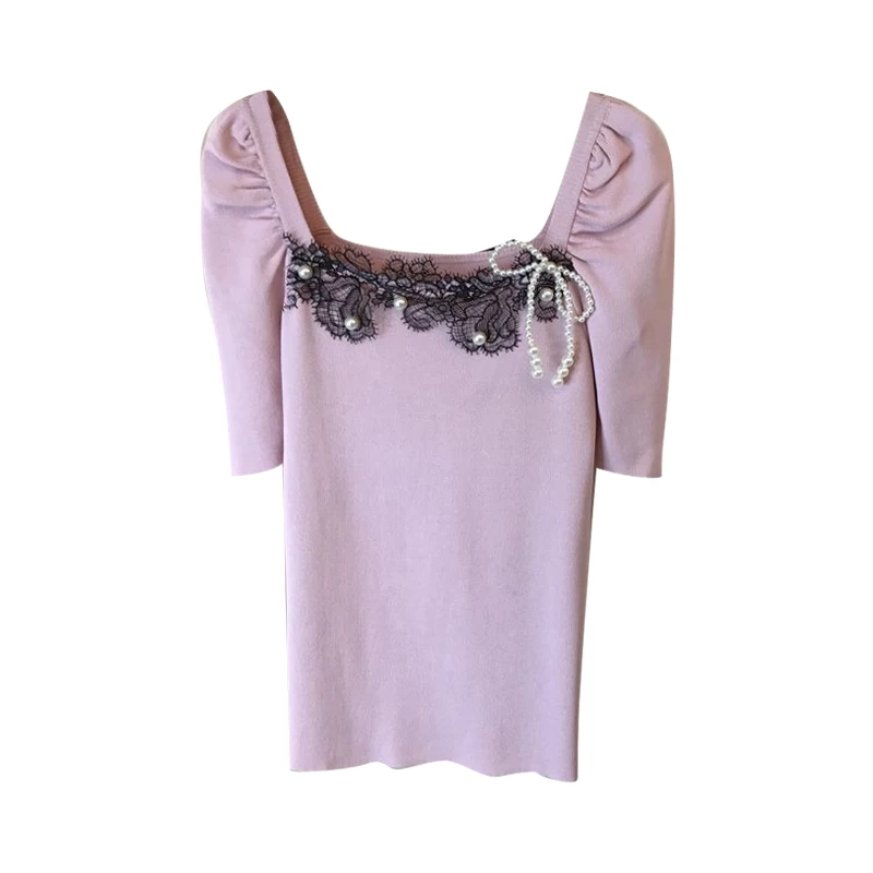 

Beaded Bow Short Sleeve Ice Silk T-shirt Women 2021 Summer Korean Lace Stitching Puff Short Sleeve Knitted Tshirt Femme Tops Tee