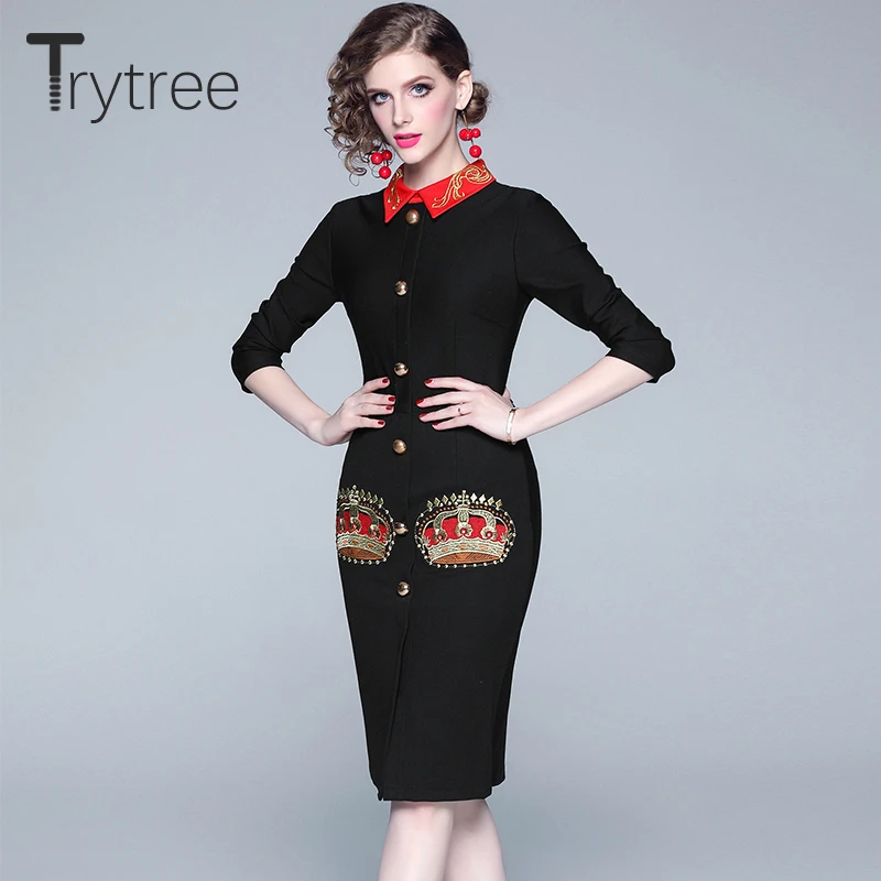 

Trytree Autumn Women Casual Dress Turn-down Collar Embroidery Zipper Elegant Black A-line Fashion Office Lady Knee-Length Dress