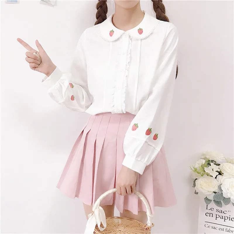 

2021 Summer Sweet Strawberry Embroidery Shirt Elegant Ruffle Blusas fashion Wohreb Japanese Kawaii Long Sleeve White Blouses