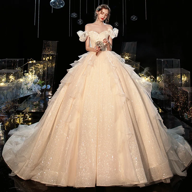 

2021 New Bride One-word Shoulder Temperament Drag Pregnant Woman Sen Is A Dream Super Fairy Out of The Yarn Wedding Dress