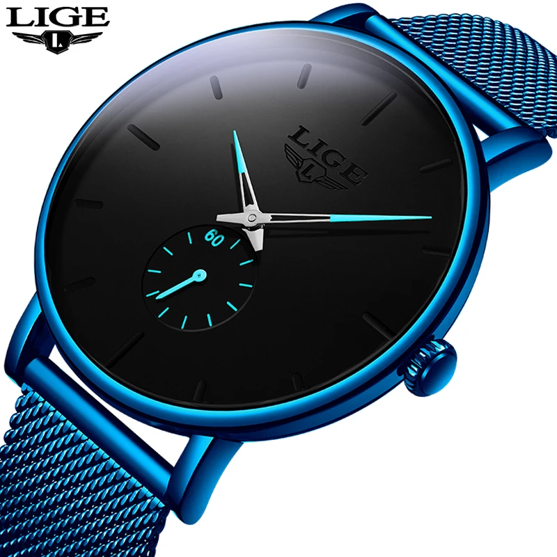 Часы наручные LIGE мужские с сетчатым ремешком роскошные модные минималистичные