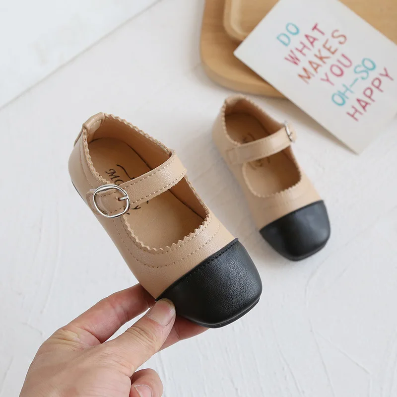 Girls Shoes Patchwork Leather Kids Square Toe Princess Baby Wave Mary Janes White Black Toddlers Spring Autumn |
