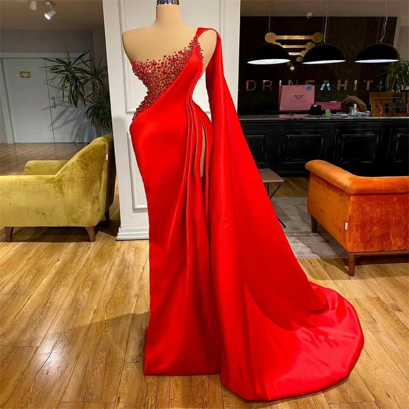 

Luxury Pearls Red Evening Dresses With Wrap Beaded Sexy Side Split Prom Robe De Mariée Custom Made Formal Mermaid Party Gowns