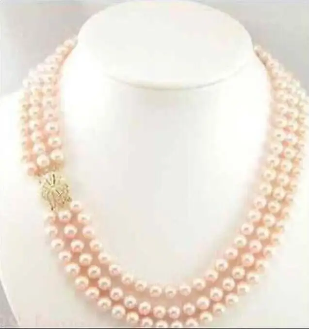 

triple strandsAAA 7-8mm Real Australian south sea pink pearl necklace 17-19"14K