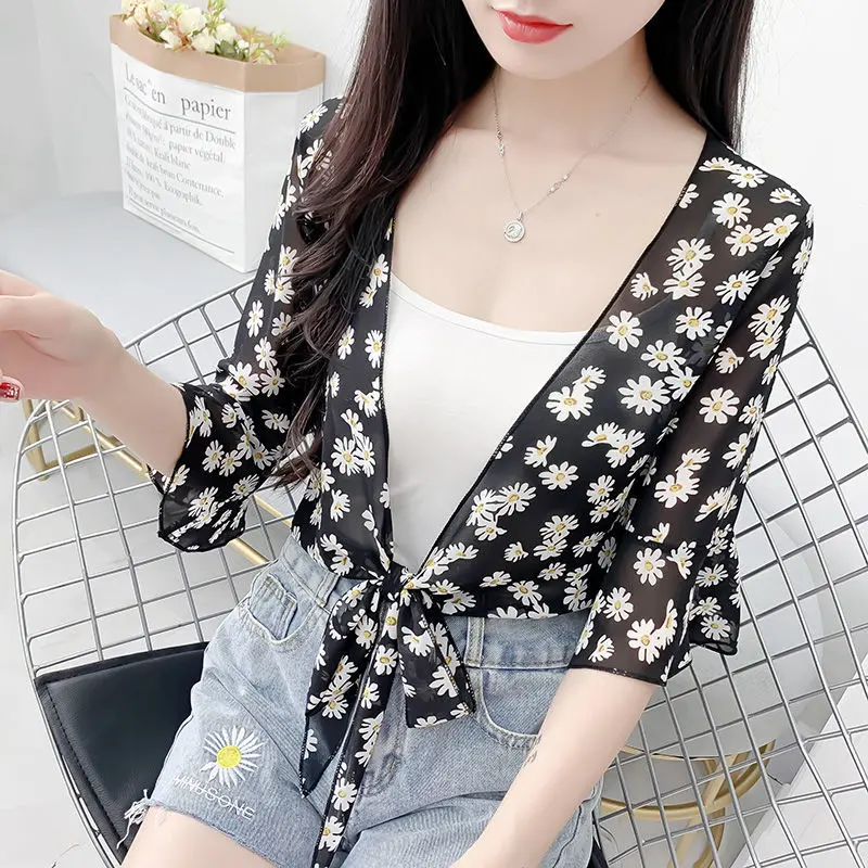 

Boho Print Chiffon Jacket Women Cardigan Thin Coat Spring Summer Half Sleeve Beach Fashion Sun Protection Clothing X115