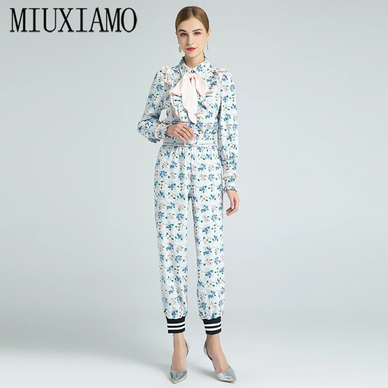 

MIUXIMAO 2020 Autumn Blue Flower Two Piece Set Fashion Long Sleeve Slim Bow top+ Long trousers Office Lady Suit Women