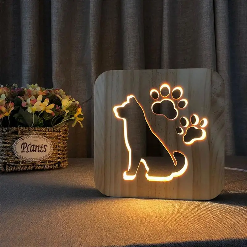 

Wooden Dog Paw Wolf Head Lamp Kids Bedroom Decoration Warm Light LED USB Night Light For Children Gift